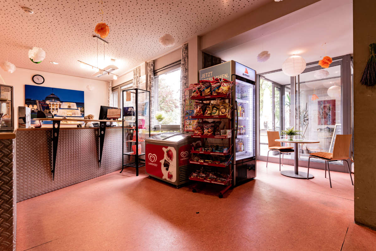 DJH (Youth Hostel) Wiesbaden, reception desk with icecream, crisps and cold drinks